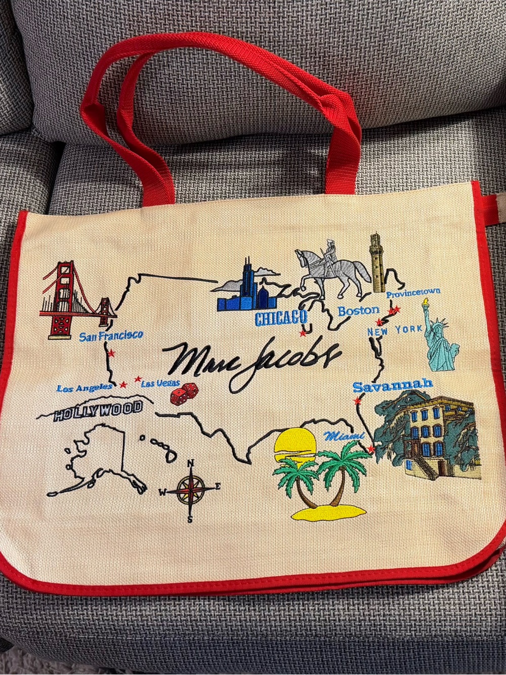Marc Jacobs Beige Canvas Tote with Red Trim and Multicolor Print